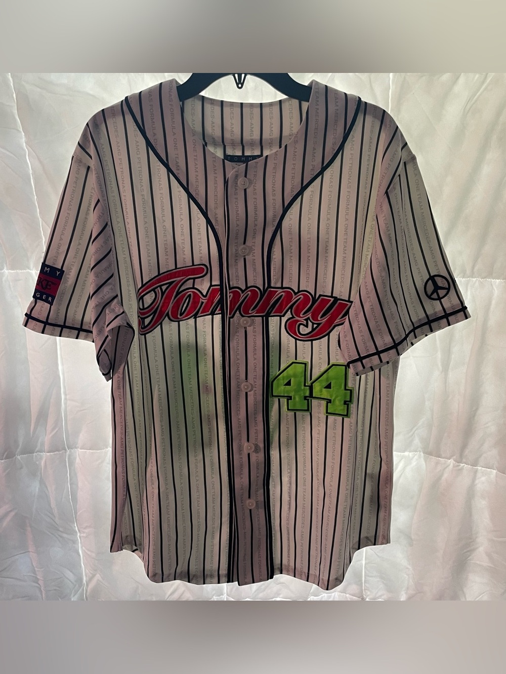 Tommy Hilfiger Pink Pinstripe Baseball Jersey with Green 44 Patch